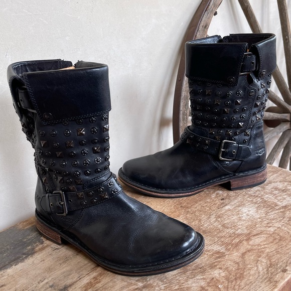 UGG Black Leather Studded Mid-Calf Boots Shearling Lined Innersole Woman's 7.5 - Picture 10 of 14